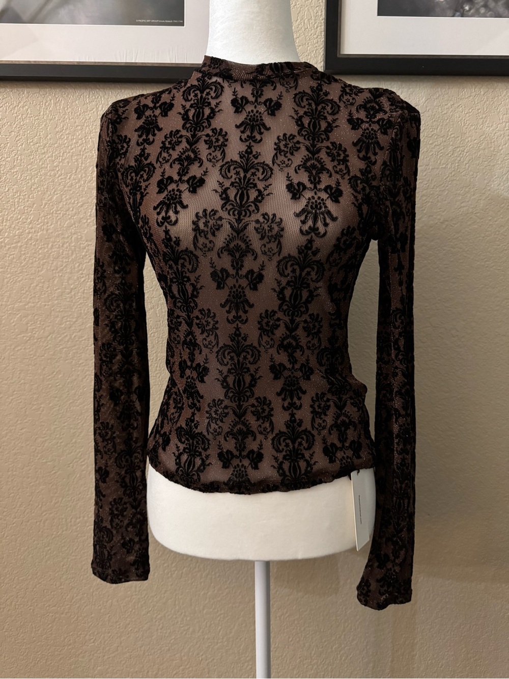 NWT COMMENSE Damask Mock Neck Long Sleeve Top Brown Medium
